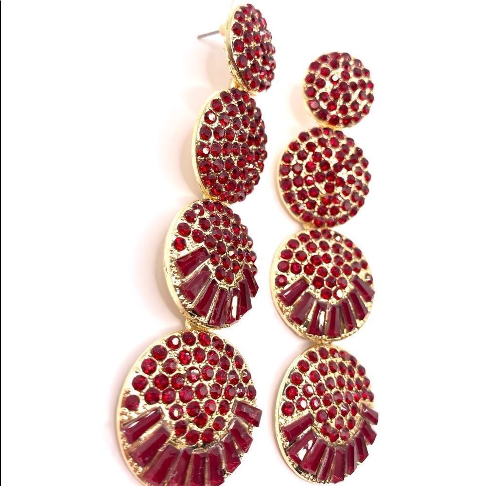 Maximalist Statement Gold Red Crystal Rhinestone Dangle Earrings - Picture 3 of 4